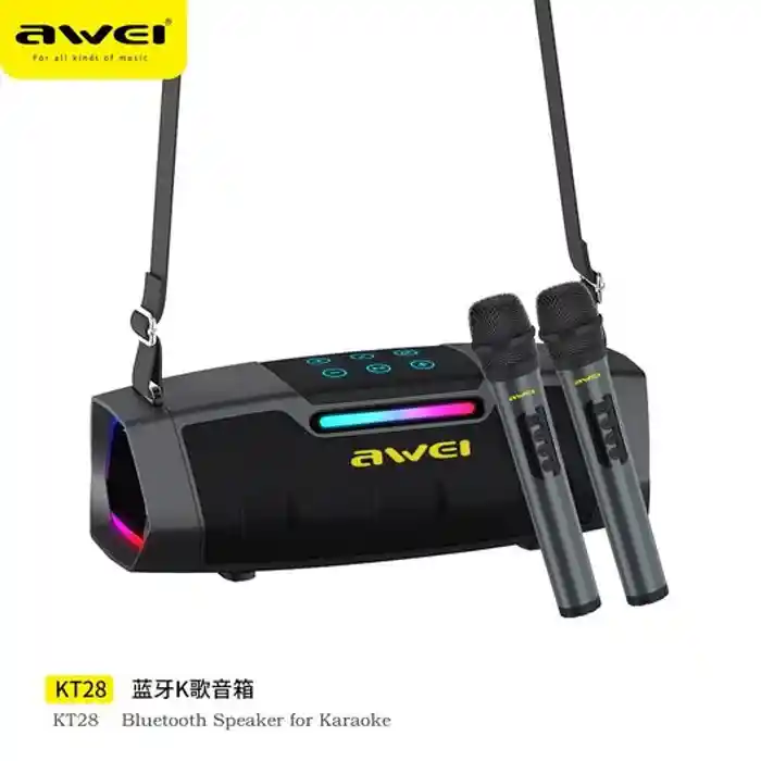 AWEI KT28 Karaoke Wireless Bluetooth Speaker With Dual Wireless Mic Outdoor Portable RGB HiFi Audio USB Player System